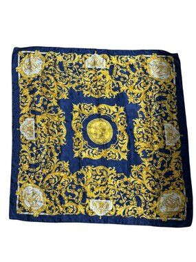 Vintage Made In Italy Silk Scarf Square Gold Blue Baroque-style Vanitas Pattern